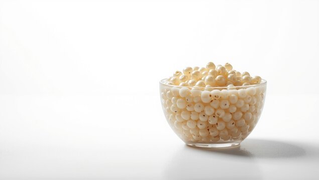 Bowl of white tapioca pearls on a plain background