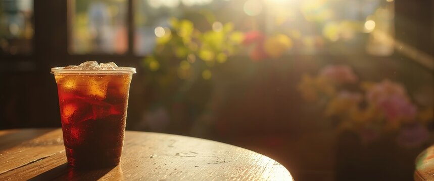Iced coffee in a plastic cup on a wooden table