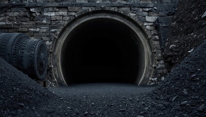 Fototapeta premium Stone tunnel entrance with dark interior and surrounding gravel