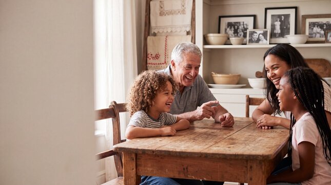 Happy multigenerational family laughing together at rustic kitchen table, candid moment sharing joyful conversation and warm connection
