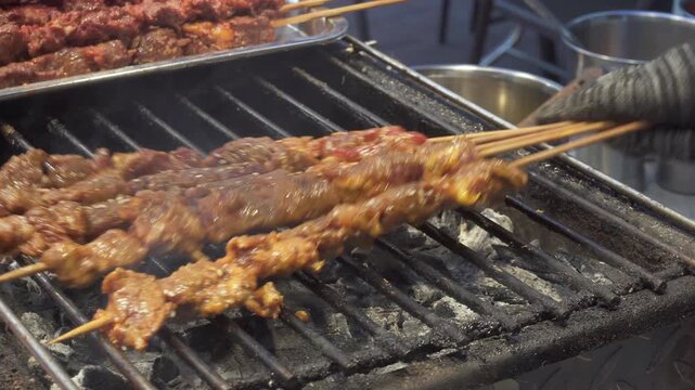 Chicken satay and pork satay (sate) at night food market