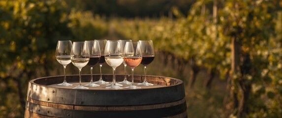 Fototapeta premium Wide shot of white, rosÃ©, and red wine glasses set on rustic barrel in natural setting