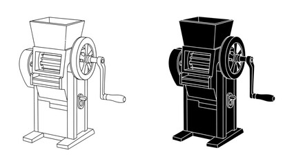 Manual Corn Sheller: A vintage manual corn sheller, depicted in both line art and silhouette, stands ready for agricultural use. © maliha