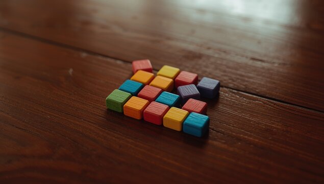 Playful colored wooden blocks set on a varnished table surface