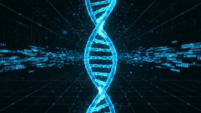Glowing DNA helix with surrounding binary code and gridlines