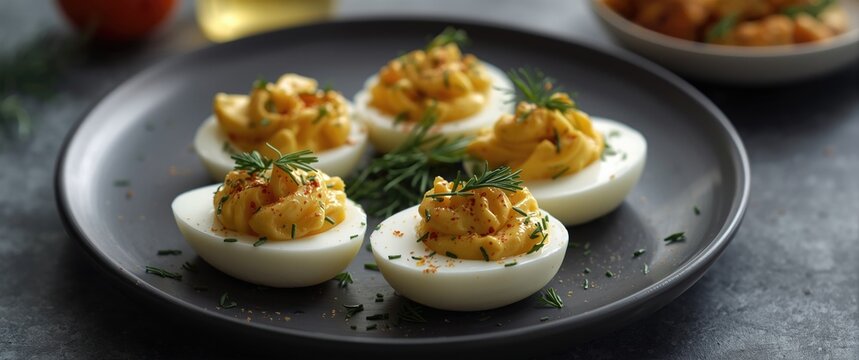 Deviled eggs garnished with herbs on a dark plate