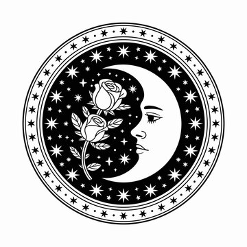 Crescent Moon Face with Roses Stars.