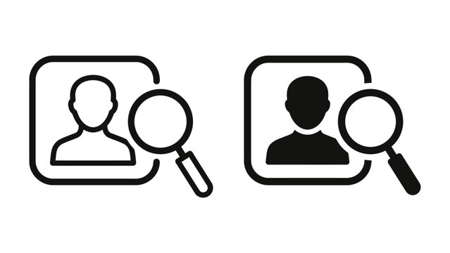 Person Search Icons: Two icons depicting a magnifying glass examining a person silhouette, representing search, recruitment, or profile analysis.