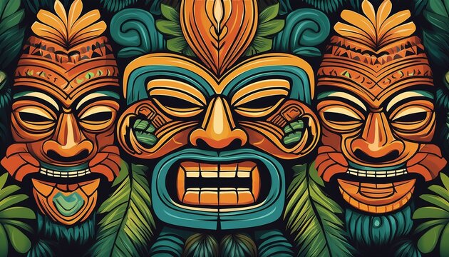 polynesian tiki masks tribal art seamless pattern