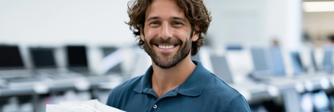 Smiling store employee holding printer boxes in electronics shop for retail banner and website background