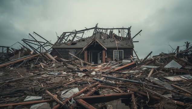Post wind damage view of a house lacking roof and debris spread demonstrating destruction