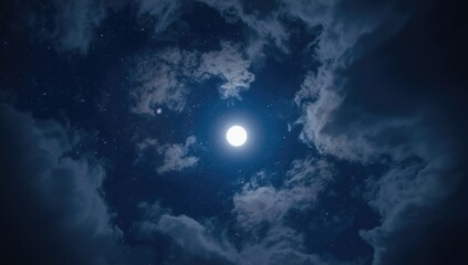 Obraz premium Bright full moon shining through cloudy night sky