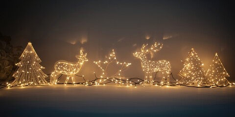 Fototapeta premium Lighted holiday decor elements set on a smooth backdrop