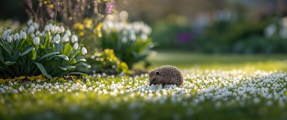 Naklejka premium Content European hedgehog wandering a garden filled with fresh snowdrops in spring