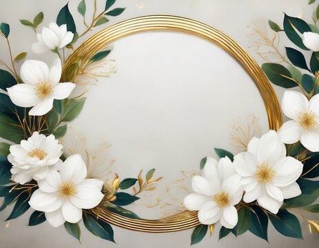 elegant botanical frame with white flowers and gold circle border