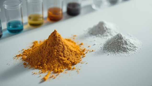 Macro image of chemical powders ferrous sulfate cetyl esters wax and zinc powder on a white lab table with test tubes