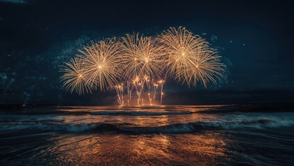 Fototapeta premium Luminous fireworks lighting the dark sky with sparkling ocean reflections
