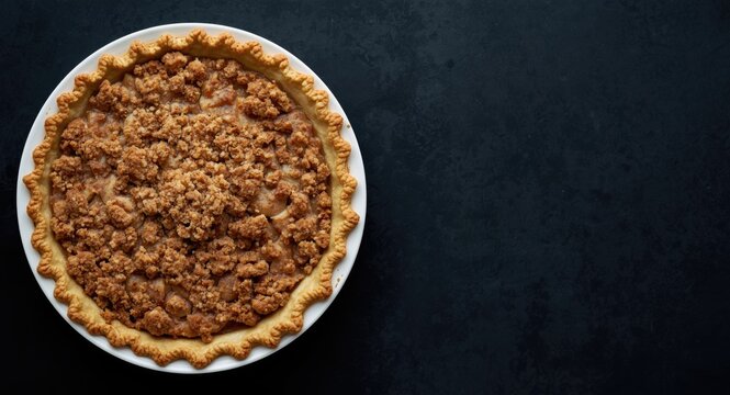 Overhead shot of a traditional apple pie with crumb topping in a white round springform pan on a dark background