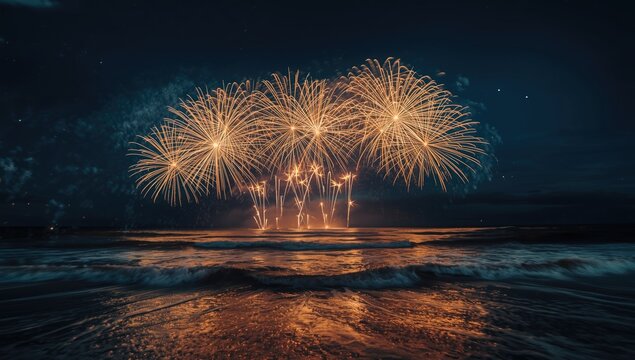 Luminous fireworks lighting the dark sky with sparkling ocean reflections