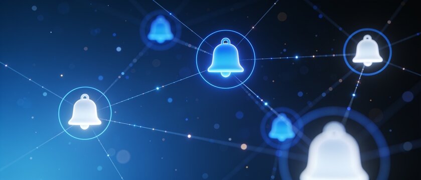 Abstract Network Connection Featuring Glowing Digital Notification Bells for Communication and Alert Systems Concept