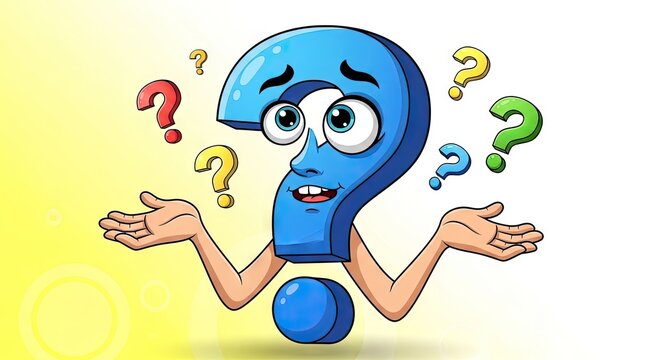 Cartoon question mark character surrounded by additional question marks