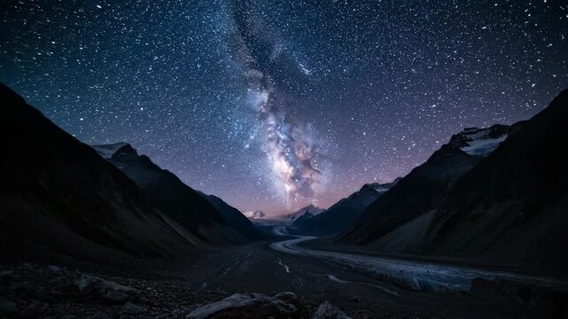 Milky Way galaxy arching over a vast glacier valley with snow capped mountains at night