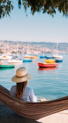 Obraz premium A serene view of a woman relaxing in a hammock, overlooking colorful boats on calm waters