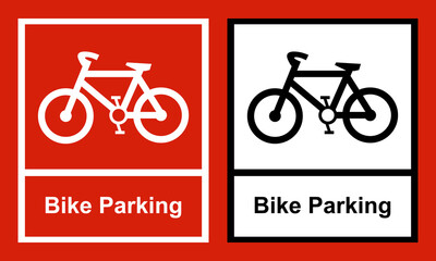 Fototapeta premium Bike parking sign icons featuring white and black bicycle symbols with bold parking text, minimalist public transportation and cycling facility way finding signage isolated on a red background.