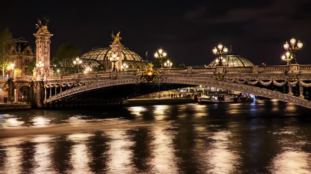 Bastille Day Paris Seine river at night, Pont Alexandre III illuminated, golden lamp posts reflected in dark water, romantic cinematic scenic b-roll France July 14