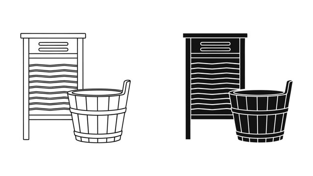 Vintage Laundry Set: A rustic wooden washboard and a traditional wooden wash tub, rendered in both line art and silhouette, evoke a sense of nostalgic domesticity and the simplicity of bygone chores.
