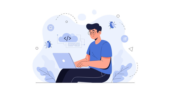 Programmer Debugging Code on Laptop with Cloud and Bugs Icons - IT Concept