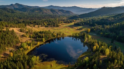 Obraz premium Serene mountain lake showcasing a perfect reflection at sunrise, surrounded by vibrant autumn forests and rolling hills.