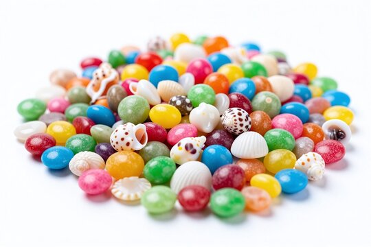 A close up of a pile of seashells on a white surface