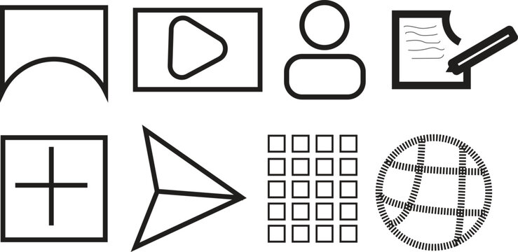 Minimalist social media icon set, 8 black line vector elements for web interface, modern UI navigation symbols for mobile app design