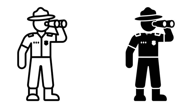 Ranger Looking Through Binoculars: A stylized illustration depicts a park ranger in uniform, wearing a hat and boots, attentively using binoculars to observe the surroundings.