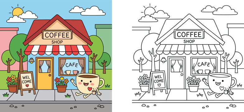Cute coffee shop and cafe storefront cartoon illustration with black and white outline coloring page for children educational activity sheet vector template