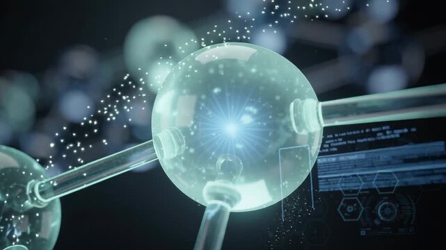 3D digital illustration of futuristic molecular structure with glowing atoms and scientific elements