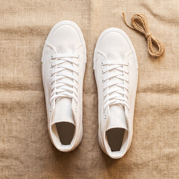 High Top Canvas Sneakers Flat Lay Mockup on Natural Linen Cloth