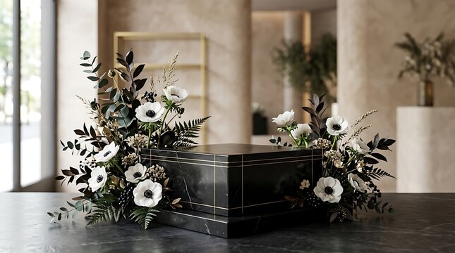 Black funeral casket with white flower arrangements sitting on a wooden table inside a bright room setting