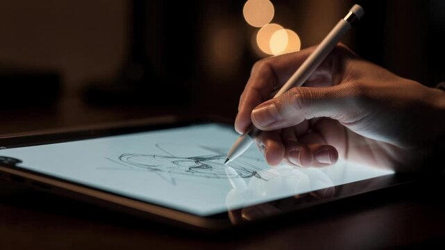Creative digital drawing on tablet with stylus pen in dark room closeup artistic design concept