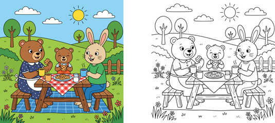 Fototapeta premium Cute Bear and Rabbit Picnic Cartoon Vector Illustration and Coloring Page, Animal Characters Eating Cookies in the Park Line Art for Kids Activity Book
