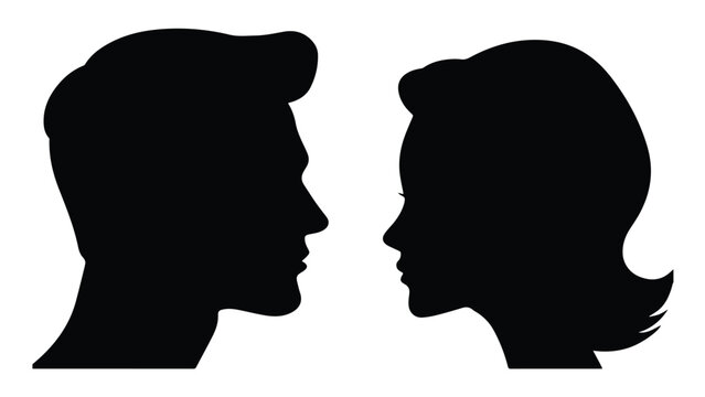 Close up of two people talking with speech bubbles in black and white communication illustration
