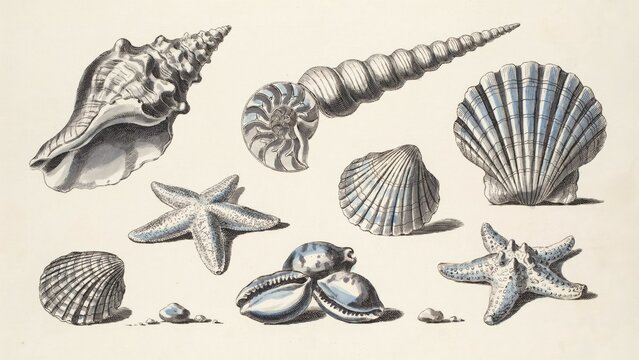 Vintage scientific illustration showing various seashells and starfish arranged together on a plain beige background