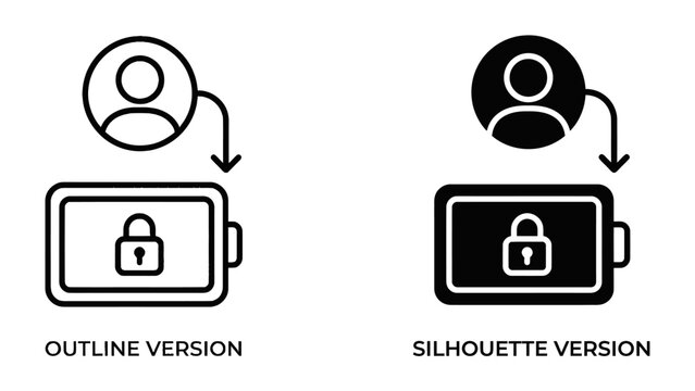 Security Icon Set: A collection of modern security icons, featuring an outline version and a silhouette version of a user profile linked to a locked device.
