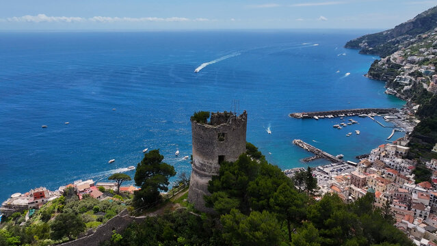 Amalfi Coast In Amalfi Salerno Italy. Aerial View Of Stunning Beach With Crystal Clear Waters. Shore Clouds Sky Beach Sea. Shore Travel. Amalfi Salerno.
