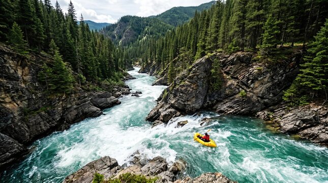 A Person in a Small Raft Navigating a Rushing River in Mountains