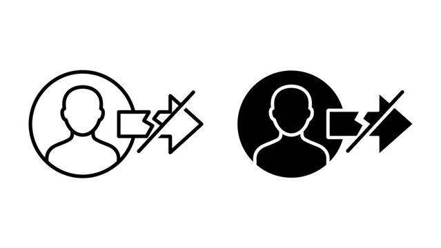 User icon crossed out and arrow symbol: Representing denial of access or exclusion. Two icons depicting a user profile with a cross-out symbol and an arrow, indicating restriction or denial of entry.