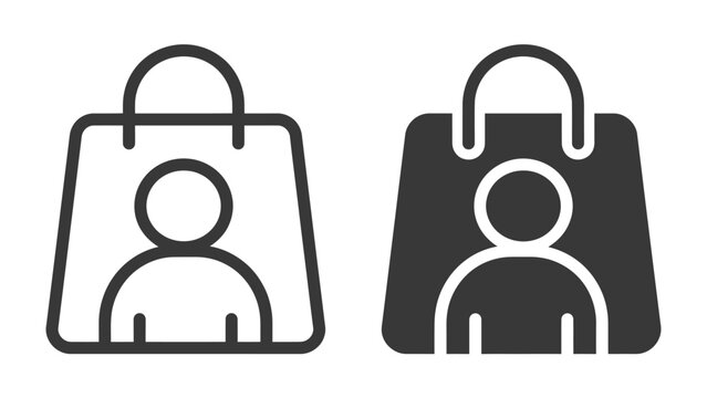 Customer Shopping Bag Icons: Two minimalist icons depicting a shopping bag with a person silhouette inside, representing customer or consumer choice and e-commerce.