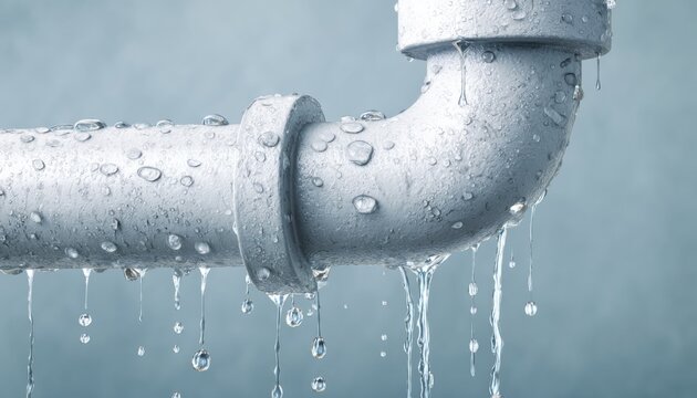 Water dripping from a silver metal pipe with droplets clinging to the surface under a soft light