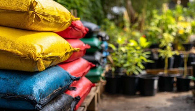 Colorful stack of garden soil bags alongside lush green plants in a vibrant nursery setting